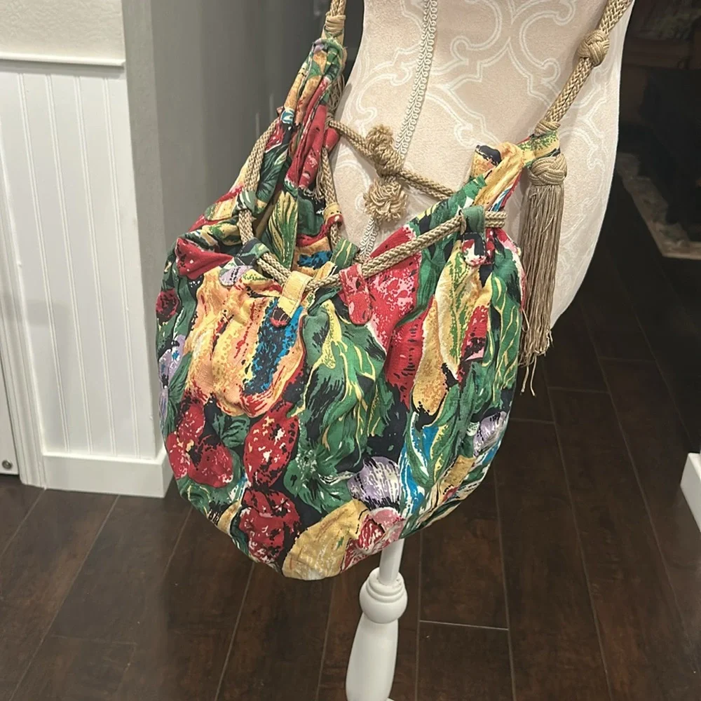 Bottega Venetta Floral Fruit Print Multicolor Canvas Boho Crossbody Purse RARE